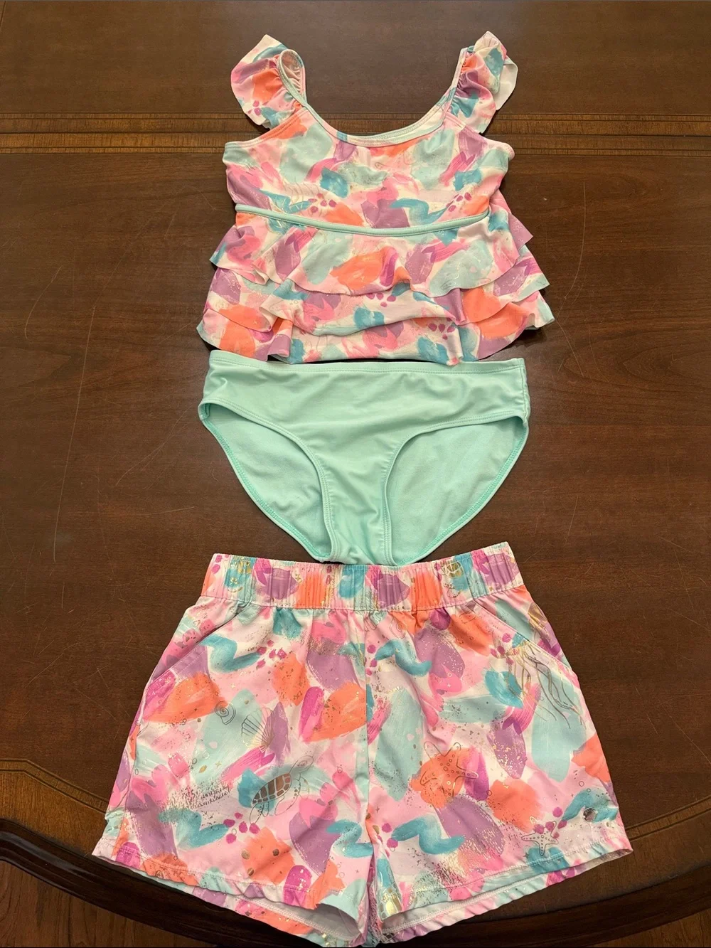 Justice Mint & Pastel Multi Ruffle Tankini with Printed Swim Shorts